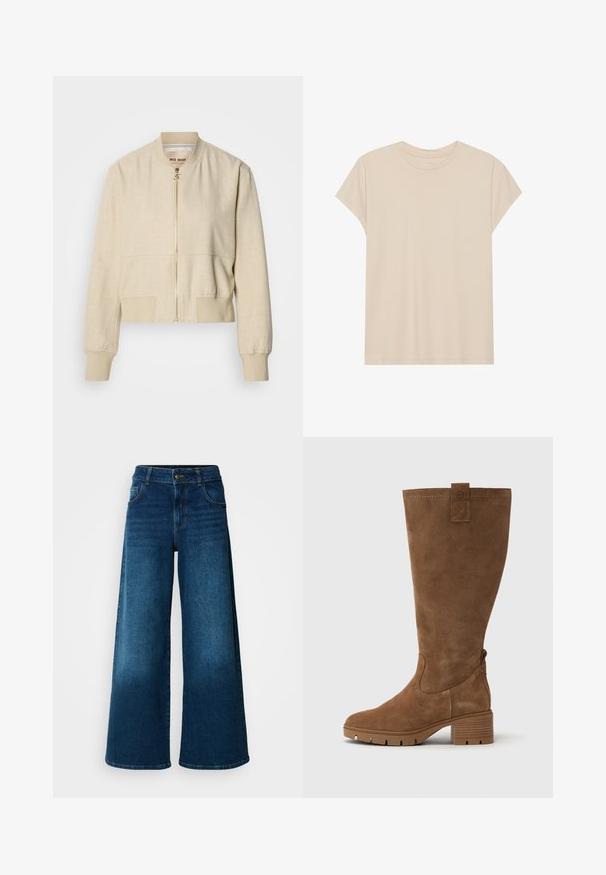 Beige cropped bomberjack gemaakt van lichtgewicht stof, met een ritssluiting aan de voorkant, geribbelde manchetten en een gladde textuur.; Beige T-shirt met korte mouwen, gemaakt van zachte stof, met een ronde hals en een relaxte pasvorm. Gladde textuur zonder zichtbare patronen of accenten.; Wijde jeans van donkerblauwe denim. Heeft een hoge taille, knoopsluiting en klassiek vijf-vakken ontwerp met subtiele vervaging.; Tamaris Laarzen - brown
