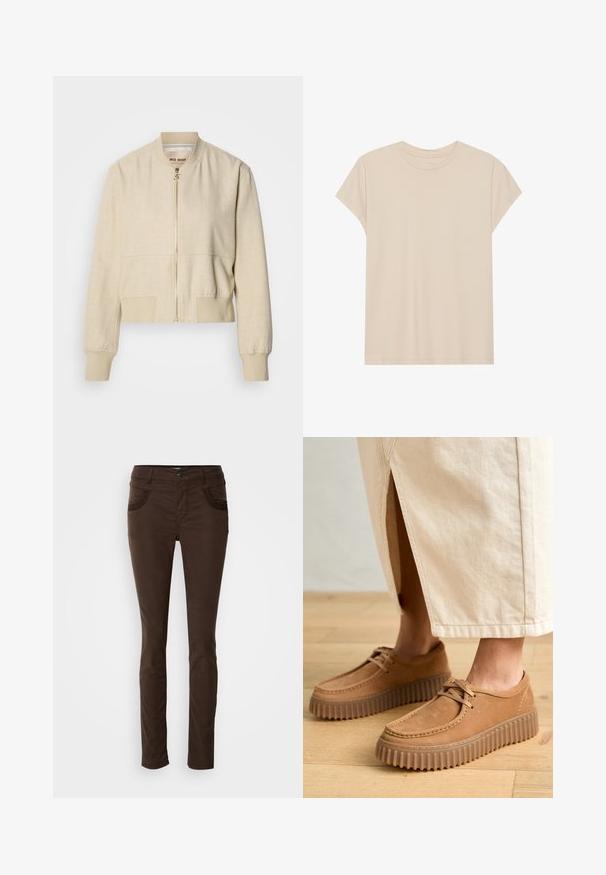 Beige verkürzte Bomberjacke aus leichtem Stoff, mit einem Frontreißverschluss, gerippten Bündchen und einer glatten Textur.; Beige T-Shirt mit kurzen Ärmeln aus weichem Stoff, mit Rundhalsausschnitt und lockerer Passform. Glatte Textur ohne sichtbare Muster oder Akzente.; Braune, schlank geschnittene Stoffhosen aus Baumwollmischgewebe. Verfügt über eine dekorative Steppnaht an den Fronttaschen, einen Knopfverschluss und eine glatte Textur.; Hellelederschuhe mit einer strukturierten Oberfläche, runder Zehenform und dicken, geriffelten Sohlen. Die Schnürsenkel und die Nähte heben das Design hervor.