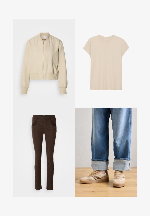 Beige verkürzte Bomberjacke aus leichtem Stoff, mit einem Frontreißverschluss, gerippten Bündchen und einer glatten Textur.; Beige T-Shirt mit kurzen Ärmeln aus weichem Stoff, mit Rundhalsausschnitt und lockerer Passform. Glatte Textur ohne sichtbare Muster oder Akzente.; Braune, schlank geschnittene Stoffhosen aus Baumwollmischgewebe. Verfügt über eine dekorative Steppnaht an den Fronttaschen, einen Knopfverschluss und eine glatte Textur.; Beige Sneaker mit strukturiertem Pelzüberzug, braunen Lederdetails und Gummisohle. Getragen mit weit geschnittenen blauen Jeans.