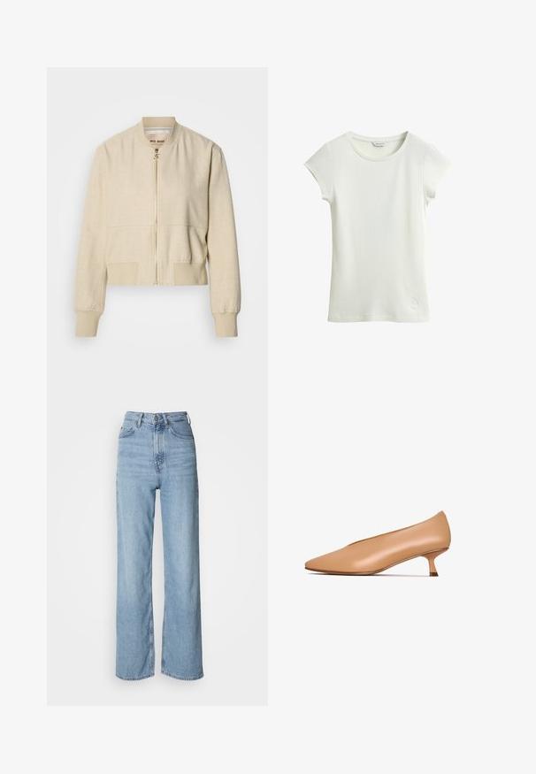 Veste bomber courte beige en tissu léger, avec fermeture éclair frontale, poignets côtelés et texture lisse.; T-shirt blanc en maille côtelée à manches courtes, col rond et coupe ajustée sur fond blanc.; Jean taille haute bleu clair avec une jambe droite, en denim, présentant une fermeture à bouton sur le devant et des détails de décoloration subtils.; Talons en cuir nude avec un bout pointu, petit talon et texture lisse. Design minimaliste sans motifs visibles ni détails en métal.