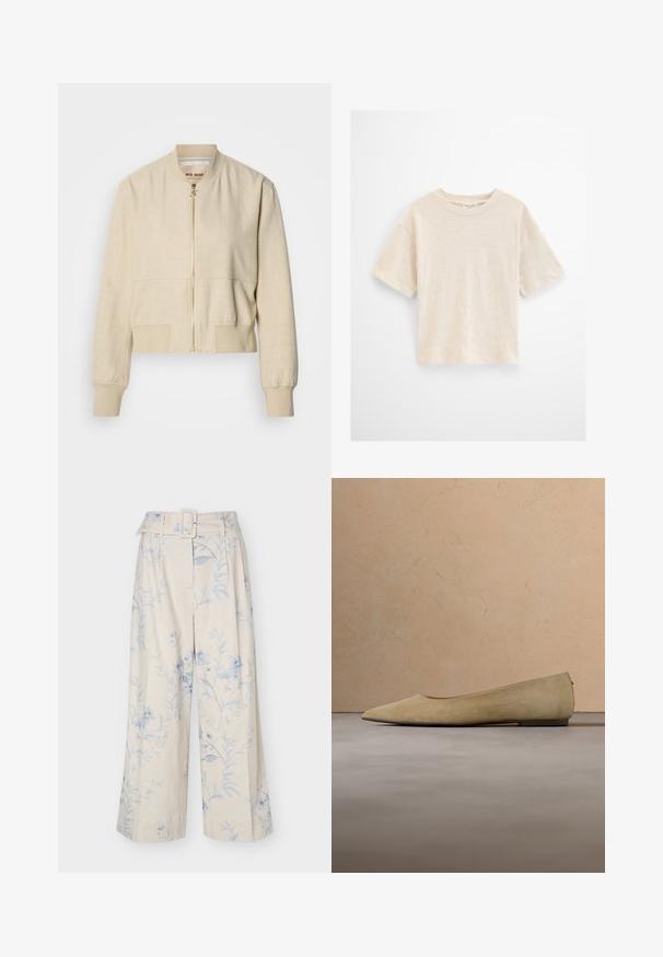 Veste bomber courte beige en tissu léger, avec fermeture éclair frontale, poignets côtelés et texture lisse.; T-shirt crème à manches courtes avec col rond, coupe décontractée et texture subtile sur un fond clair uni.; Pantalon crème à jambes larges avec imprimé floral bleu clair et ceinture en tissu assortie avec boucle rectangulaire.; Chaussure plate beige à bout pointu avec une semelle noire flottant au-dessus d'un tapis beige texturé, avec un canapé beige rembourré en arrière-plan.