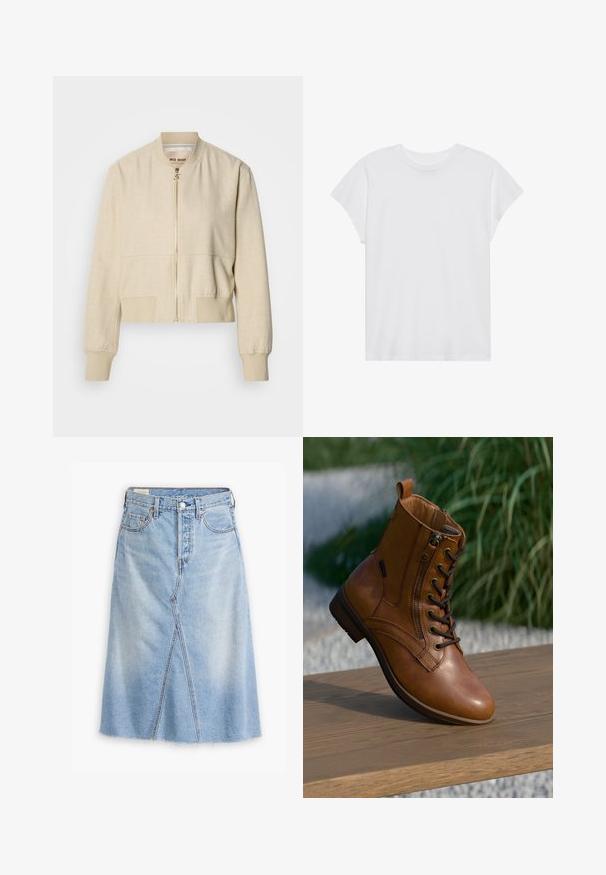 Beige cropped bomberjakke lavet af letvægtsstof, med en frontlynlås, ribstrikkede ærmegab og en glat tekstur.; Hvid kortærmet t-shirt med rund hals, afslappet pasform, lavet af blødt bomuldsstof. Glat tekstur, ingen mønstre eller logoer.; Lysblå denimnederdel med lige snit, frontspalte, filt kant, fem lommer og metalhardwaredetaljer.; Brun læderankelstøvle med lynlås på siden og snørebånd, placeret på en træoverflade udendørs med sløret grønt område i baggrunden.