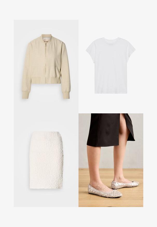 Veste bomber courte beige en tissu léger, avec fermeture éclair frontale, poignets côtelés et texture lisse.; T-shirt blanc à manches courtes, col rond, coupe décontractée, en tissu de coton doux. Texture lisse, sans motifs ni logos.; Jupe crayon blanche texturée avec une surface légèrement duveteuse, longueur genoux, présentant un design ajusté et sans fermetures ni embellissements visibles.; Ballerines en sequins beiges avec un bout rond, ornées d'un accent nœud, associées à une jupe noire, exposées sur un sol en bois.