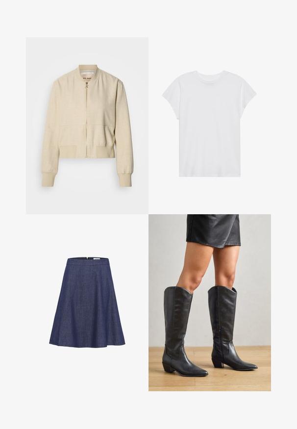 Beige cropped bomberjakke lavet af letvægtsstof, med en frontlynlås, ribstrikkede ærmegab og en glat tekstur.; Hvid kortærmet t-shirt med rund hals, afslappet pasform, lavet af blødt bomuldsstof. Glat tekstur, ingen mønstre eller logoer.; Denim A-line nederdel, mørkeblå, knælang, har en glat talje med en skjult lynlås og en flagrende silhuet. Subtil teksturdetalje.; Sorte knæhøje støvler lavet af glat læder, med spidse tæer, lav blokhæle og lynlås i siden for nem påtagning.