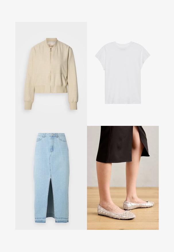 Veste bomber courte beige en tissu léger, avec fermeture éclair frontale, poignets côtelés et texture lisse.; T-shirt blanc à manches courtes, col rond, coupe décontractée, en tissu de coton doux. Texture lisse, sans motifs ni logos.; Jupe en jean bleu clair avec une fente à l'avant et une ceinture. Comprend le design traditionnel à cinq poches et une fermeture à bouton en métal.; Ballerines en sequins beiges avec un bout rond, ornées d'un accent nœud, associées à une jupe noire, exposées sur un sol en bois.