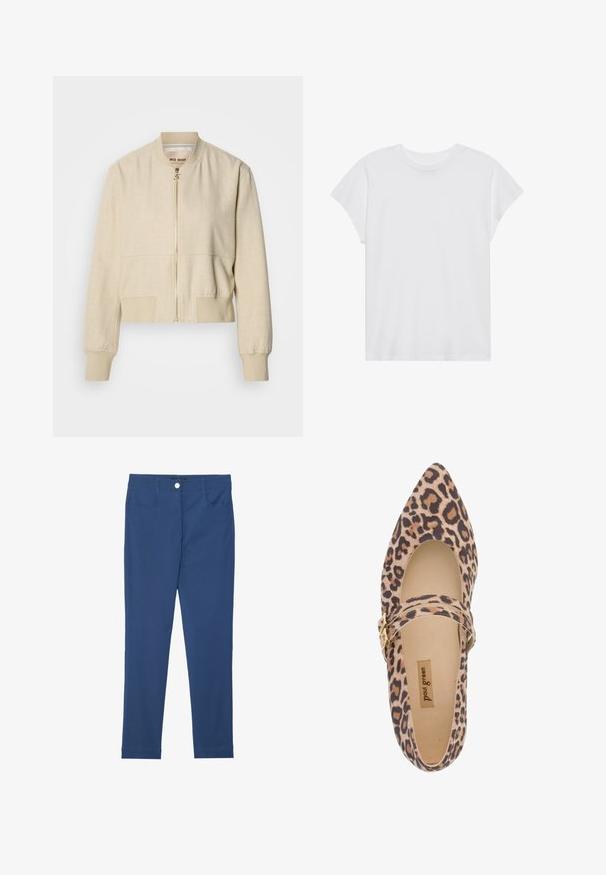 Beige cropped bomberjack gemaakt van lichtgewicht stof, met een ritssluiting aan de voorkant, geribbelde manchetten en een gladde textuur.; Witte t-shirt met korte mouwen, ronde hals, relaxte pasvorm, gemaakt van zacht katoen. Glad textuur, geen patronen of logo's.; Blauwe slim-fit broek van een katoenmix, met een knoop aan de voorkant, ritssluiting, twee zakken en een schone, gladde textuur.; Leopardprint Mary Jane schoen met spitse neus, zachte bovenkant van stof en een bandje versierd met een gouden gesp. Roomkleurige voering en binnenzool zichtbaar.