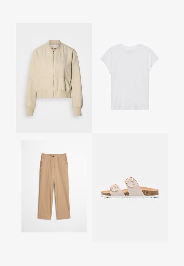 Cazadora bomber beige recortada hecha de tela ligera, con cremallera frontal, puños acanalados y textura suave.; Camiseta blanca de manga corta con cuello redondo, corte relajado, hecha de suave tela de algodón. Textura lisa, sin estampados ni logotipos.; Pantalones de algodón beige con piernas rectas, cierre frontal con botones y textura suave. Cuenta con trabillas estándar para cinturón y diseño frontal plano.; Sandalias deslizantes beige con dos correas ajustables y hebillas en tono dorado. Plantilla de corcho con una suela exterior de goma blanca texturizada.