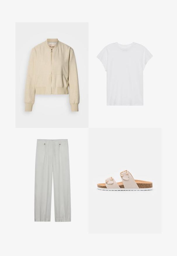 Veste bomber courte beige en tissu léger, avec fermeture éclair frontale, poignets côtelés et texture lisse.; T-shirt blanc à manches courtes, col rond, coupe décontractée, en tissu de coton doux. Texture lisse, sans motifs ni logos.; Pantalons taille haute en gris clair, à jambes larges, fabriqués en tissu doux. Comprend deux plis avant, deux boutons de fermeture et une texture lisse.; Sandales à glissière beige avec deux sangles réglables et boucles en ton doré. Semelle en liège avec une semelle extérieure en caoutchouc blanc texturé.