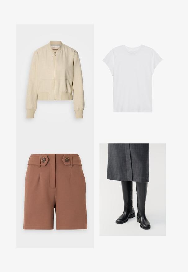 Beige cropped bomberjakke lavet af letvægtsstof, med en frontlynlås, ribstrikkede ærmegab og en glat tekstur.; Hvid kortærmet t-shirt med rund hals, afslappet pasform, lavet af blødt bomuldsstof. Glat tekstur, ingen mønstre eller logoer.; Brune shorts med høj talje, skjult frontlukning, bæltestropper og to dekorative brune knapper på skrå stropper ved taljen.; Knæhøje sorte læderstøvler med en glat tekstur, lynlåse i siden og en flad sål. Støvlerne har et struktureret skaft og minimalt hardware.