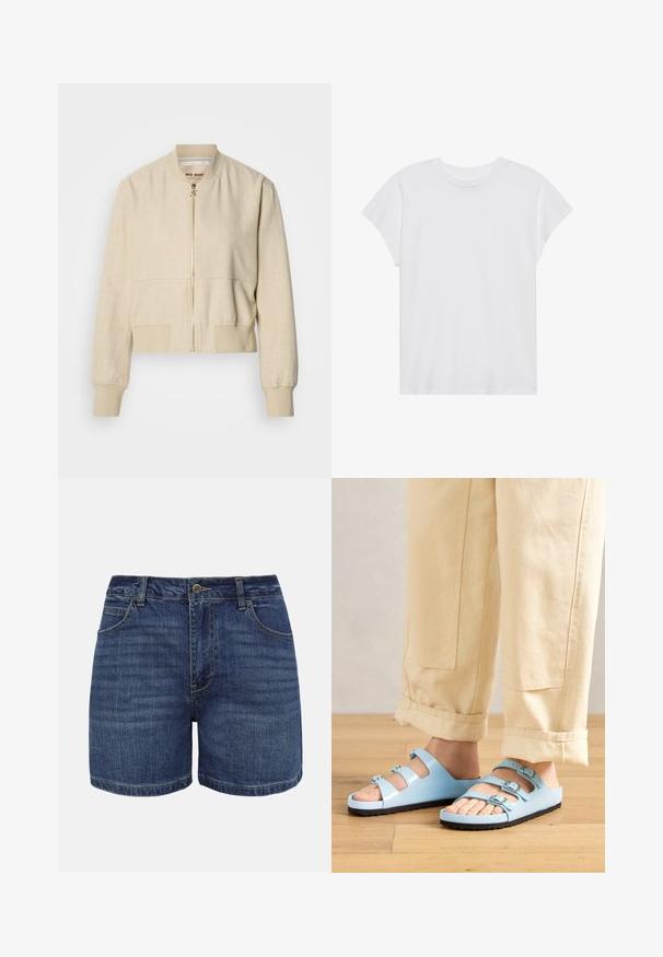 Beige cropped bomberjakke lavet af letvægtsstof, med en frontlynlås, ribstrikkede ærmegab og en glat tekstur.; Hvid kortærmet t-shirt med rund hals, afslappet pasform, lavet af blødt bomuldsstof. Glat tekstur, ingen mønstre eller logoer.; Mørkeblå denimshorts med knaplukning foran, lynlås, bæltestropper og forlommer, vist mod en hvid baggrund.; Lysblå slidesandaler med tre justerbare stropper og sølvspænder; tekstureret sål og glat overflademateriale. Båret med opkrøllede beige bukser.