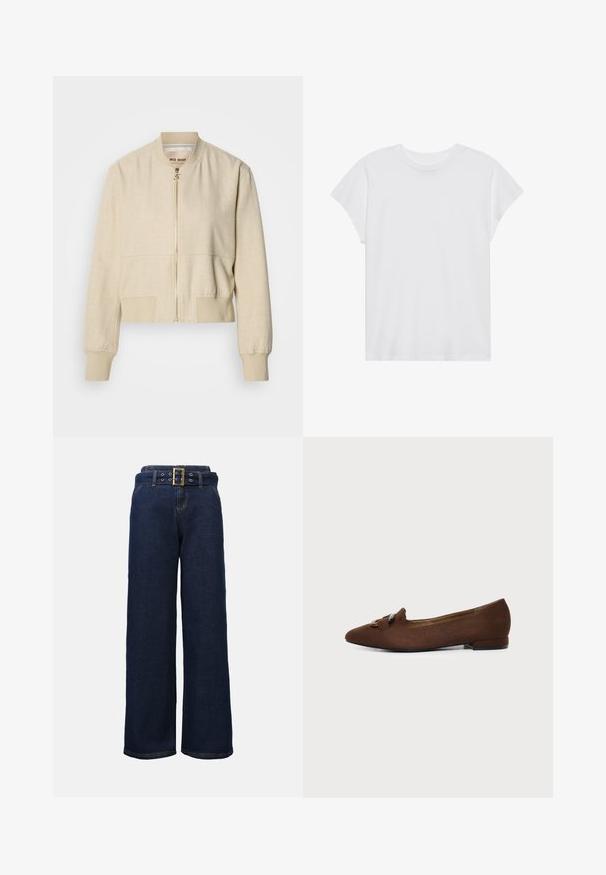 Cazadora bomber beige recortada hecha de tela ligera, con cremallera frontal, puños acanalados y textura suave.; Camiseta blanca de manga corta con cuello redondo, corte relajado, hecha de suave tela de algodón. Textura lisa, sin estampados ni logotipos.; Pantalones vaqueros de pierna ancha en azul oscuro con bolsillos cosidos y un cinturón a juego que presenta una gran hebilla rectangular dorada.; Zapato plano marrón con puntera puntiaguda y detalle decorativo de hebilla en la parte superior, sobre un fondo claro y liso.
