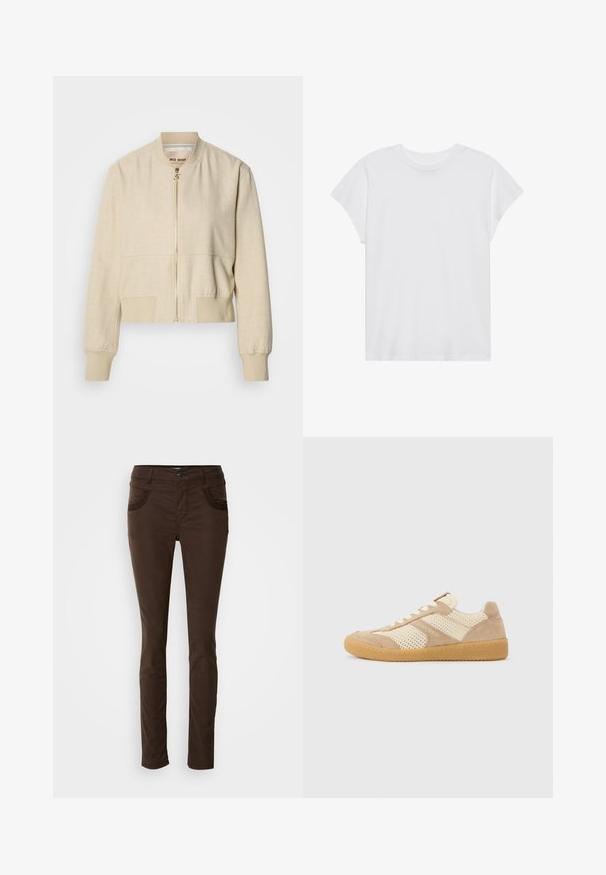 Beige verkürzte Bomberjacke aus leichtem Stoff, mit einem Frontreißverschluss, gerippten Bündchen und einer glatten Textur.; Weißes kurzärmliges T-Shirt mit Rundhalsausschnitt, lockerer Passform, aus weichem Baumwollstoff. Glatte Textur, keine Muster oder Logos.; Braune, schlank geschnittene Stoffhosen aus Baumwollmischgewebe. Verfügt über eine dekorative Steppnaht an den Fronttaschen, einen Knopfverschluss und eine glatte Textur.; Beige und cremefarbener Sneaker mit niedrigem Schaft, Mesh- und Wildlederpaneelen, weißen Schnürsenkeln und einer Gummisohle in Karamellfarbe, seitlich auf einfachem Hintergrund gezeigt.