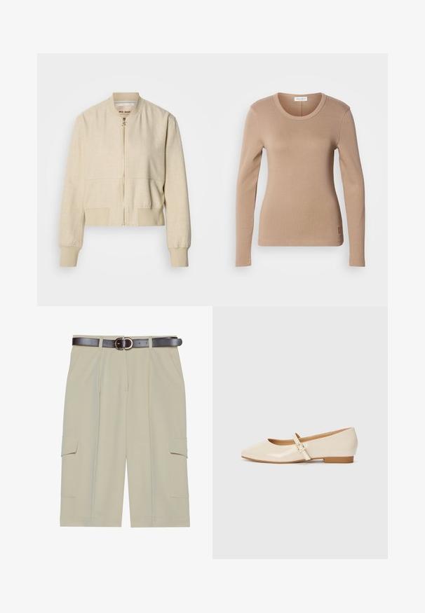 Beige cropped bomberjakke lavet af letvægtsstof, med en frontlynlås, ribstrikkede ærmegab og en glat tekstur.; Langærmet top i lys beige med rund halsudskæring og tætsiddende pasform. Lavet af blødt, strækbart stof med en subtil tekstur. Lille logo detail ved kanten.; Beige cargo shorts med en afslappet pasform, der har to sidelommer og et brunt bælte med en rund spænde, glat stofstruktur.; Beige patentlæder balletflade med firkantet tå, lille hæl og justerbar ankelrem med guldspænde accent.