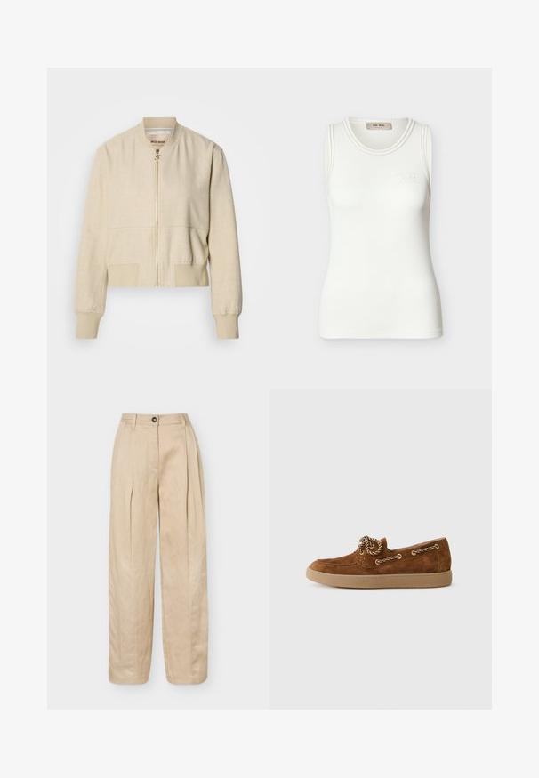 Beige cropped bomberjakke lavet af letvægtsstof, med en frontlynlås, ribstrikkede ærmegab og en glat tekstur.; Hvid ribbet ærmeløs tanktop med rund halsudskæring og diskret "Mos Mosh"-logo på brystet.; Beige bukser med vide ben, forreste folder, bæltestropper, knaplukning og en glat finish.; Brun ruskinds loafer med en rund tå, kontrastfarvet tan gummisål, og dekorative guld-tone snørebånd langs siden.