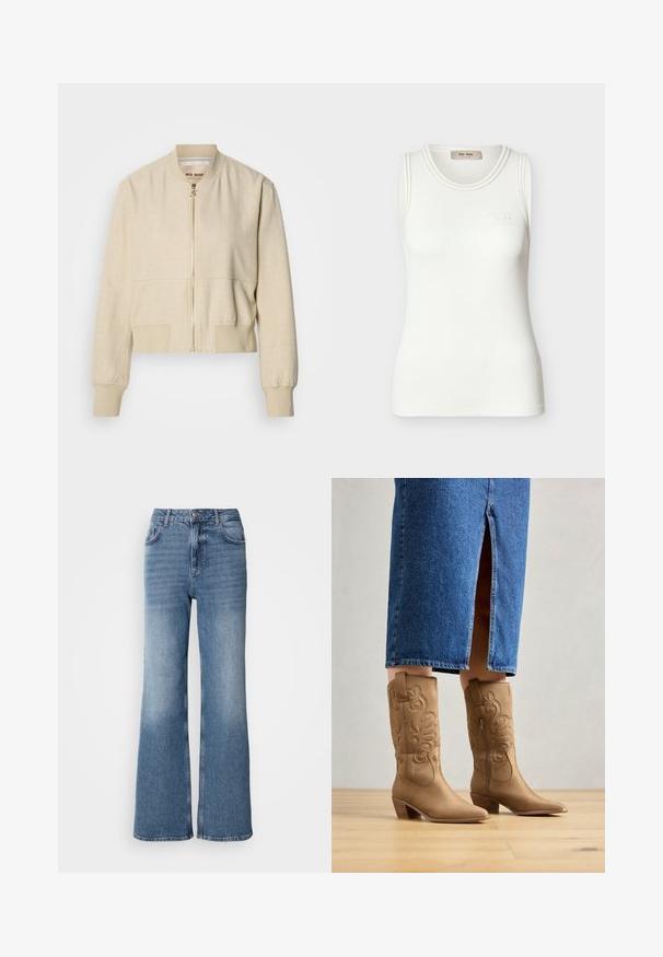 Beige cropped bomberjakke lavet af letvægtsstof, med en frontlynlås, ribstrikkede ærmegab og en glat tekstur.; Hvid ribbet ærmeløs tanktop med rund halsudskæring og diskret "Mos Mosh"-logo på brystet.; Mos Mosh MAI - Jeans Straight Leg - blue wash; Tan western-stil støvler med dekorativ syning, spids tå og stakket hæl. Båret med en denimnederdel i knæ længde, der afslører støvlerne.