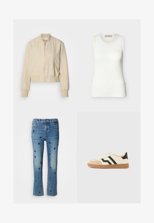 Beige cropped bomberjack gemaakt van lichtgewicht stof, met een ritssluiting aan de voorkant, geribbelde manchetten en een gladde textuur.; Witte geribbelde mouwloze tanktop met ronde halslijn en subtiel "Mos Mosh" logo op de borst.; Lichtblauwe denim jeans met rechte pijpen, voorzien van marineblauwe bloemenborduurwerk en wassing-effecten nabij de zakken en de zoom.; Vetersneakers met een crèmekleurig bovenwerk met zwarte strepen en een suède neuskapje, gecombineerd met een bruine rubberen zool.