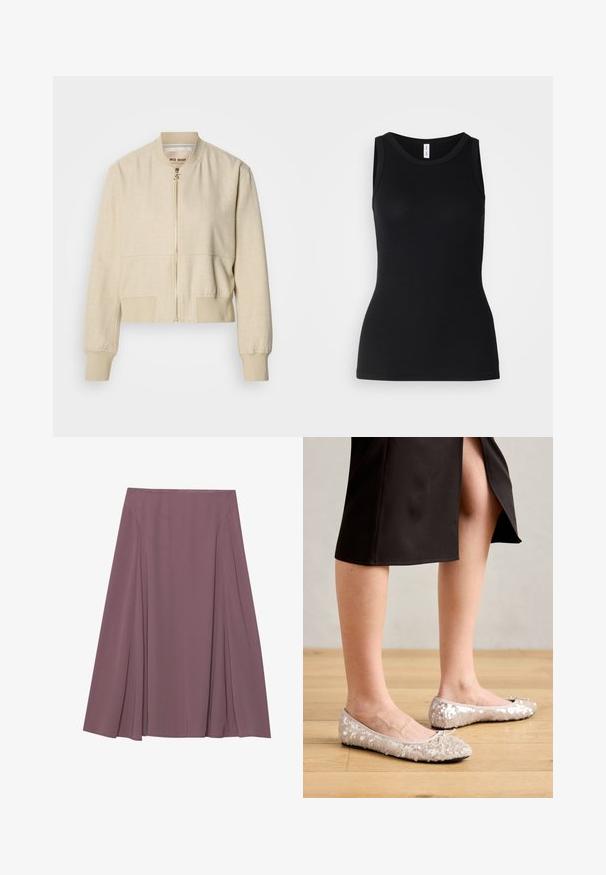 Veste bomber courte beige en tissu léger, avec fermeture éclair frontale, poignets côtelés et texture lisse.; Débardeur noir sans manches en tissu côtelé, avec un col rond et une coupe ajustée, à la texture douce et sans motifs.; Une jupe longueur genou dans une couleur mauve atténuée, fabriquée en tissu léger avec un design plissé et une texture lisse. Aucun fermoir visible.; Ballerines en sequins beiges avec un bout rond, ornées d'un accent nœud, associées à une jupe noire, exposées sur un sol en bois.