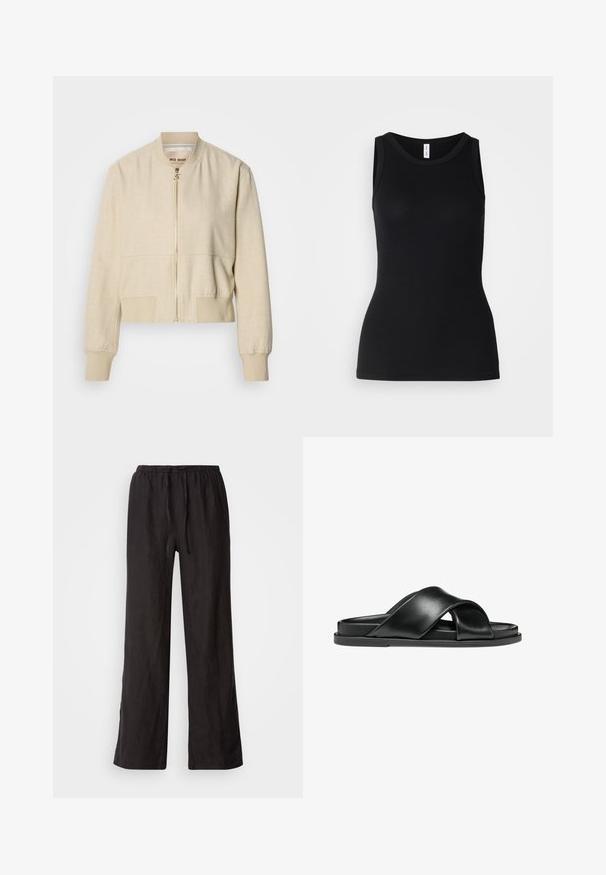 Veste bomber courte beige en tissu léger, avec fermeture éclair frontale, poignets côtelés et texture lisse.; Débardeur noir sans manches en tissu côtelé, avec un col rond et une coupe ajustée, à la texture douce et sans motifs.; Pantalons noirs amples avec une taille élastique et un cordon de serrage. Fabriqués dans un tissu léger avec une texture lisse et des jambes droites.; Sandales en cuir noir présentant des lanières croisées, une semelle plate, une texture lisse et un design minimaliste. Aucun matériel ou motif visible.