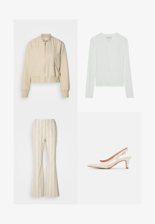 Beige cropped bomberjack gemaakt van lichtgewicht stof, met een ritssluiting aan de voorkant, geribbelde manchetten en een gladde textuur.; Witte lange mouwen top van ribstof, met een ronde halslijn en een knopenfront met zes doorzichtige knopen.; Gestreepte flared pants met pastelroze en groene verticale strepen, gemaakt van lichte stof, met een gladde textuur en een elastische tailleband.; Witte slingback hak met een spitse neus, glad bovenmateriaal, lage blokhak en een design met uitsparingen aan de zijkant, voorzien van een verstelbare gespsluiting.