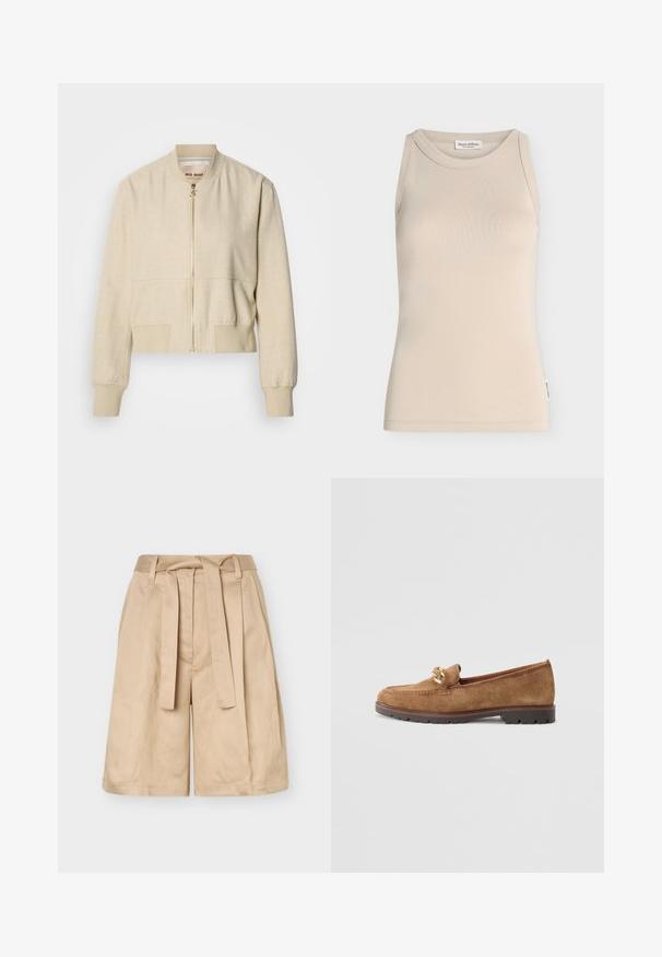 Veste bomber courte beige en tissu léger, avec fermeture éclair frontale, poignets côtelés et texture lisse.; Débardeur beige sans manches avec encolure ronde, design simple et petite étiquette de marque sur la couture latérale.; Short beige taille haute avec passants pour ceinture, ceinture en tissu à nouer et jambes larges, présenté sur un fond uni.; Tamaris Chaussons - camel