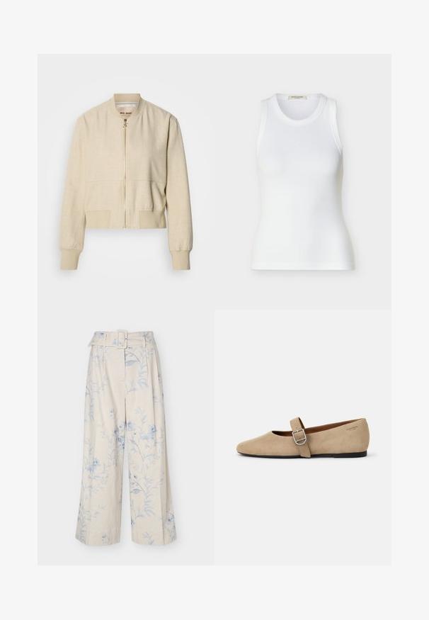 Veste bomber courte beige en tissu léger, avec fermeture éclair frontale, poignets côtelés et texture lisse.; Débardeur blanc côtelé sans manches avec encolure ronde, coupe ajustée et étiquette de la marque Scotch & Soda à l'intérieur du col.; Pantalon crème à jambes larges avec imprimé floral bleu clair et ceinture en tissu assortie avec boucle rectangulaire.; Ballerines en daim beige de style Mary Jane avec un bout pointu et une seule sangle réglable dotée d'une boucle en métal argenté. Semelle plate noire.