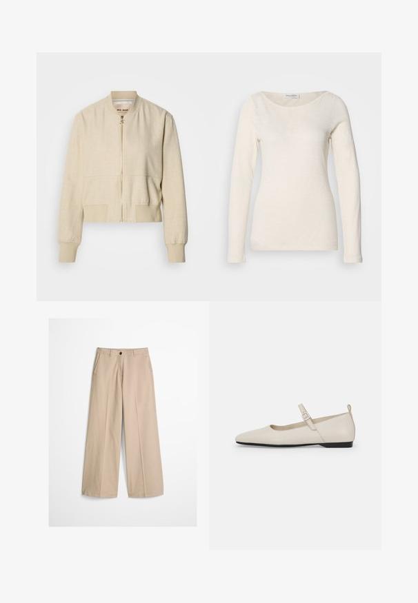 Veste bomber courte beige en tissu léger, avec fermeture éclair frontale, poignets côtelés et texture lisse.; Haut à manches longues, col rond en blanc cassé, fabriqué dans un tissu doux et léger avec une texture lisse et un design minimaliste.; Pantalon beige à jambes larges avec pli frontal, passants pour ceinture, fermeture par bouton et une petite étiquette en tissu sur le côté droit de la ceinture.; Ballerines en cuir blanc avec bout pointu, bride à la cheville et petit talon noir. Texture lisse avec des accents minimaux.