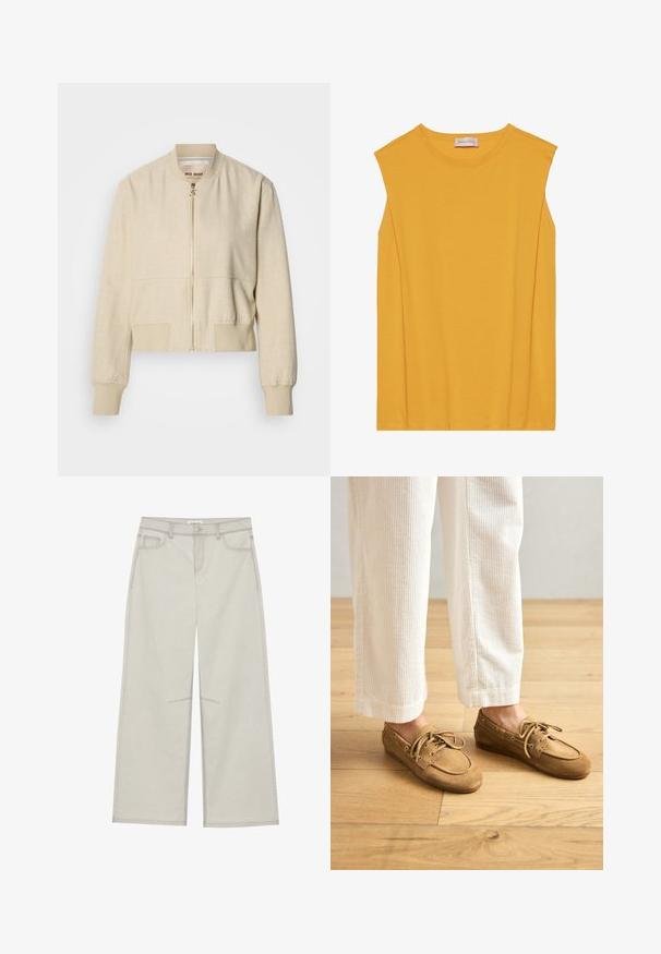 Veste bomber courte beige en tissu léger, avec fermeture éclair frontale, poignets côtelés et texture lisse.; Haut sans manches jaune en coton doux, avec un col rond et une coupe droite, agrémenté de coutures discrètes le long des bords.; Pantalons larges gris clair avec cinq poches, fermeture à bouton à l'avant et surpiqûres en contraste le long des coutures. Le tissu semble doux et durable.; Bateaux en daim marron avec lacets, présentant un bout arrondi et des accents cousus. Portés avec un pantalon en velours côtelé blanc dans un environnement en bois.