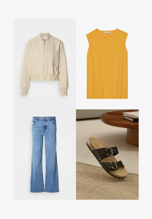 Veste bomber courte beige en tissu léger, avec fermeture éclair frontale, poignets côtelés et texture lisse.; Haut sans manches jaune en coton doux, avec un col rond et une coupe droite, agrémenté de coutures discrètes le long des bords.; Jean large de couleur bleu clair en denim. Doté d'un design classique à cinq poches et d'une braguette à boutons apparents. Texture douce et finition unie.; Sandale noire à deux brides avec boucles en argent, semelle en liège et semelle en caoutchouc. Fini mate sur les brides, présentée sur une surface tissée texturée.