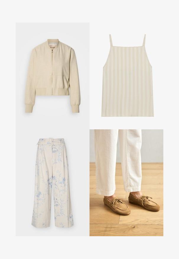 Veste bomber courte beige en tissu léger, avec fermeture éclair frontale, poignets côtelés et texture lisse.; Camisole beige clair avec un motif à rayures verticales, fines bretelles réglables et coupe décontractée. Texture lisse avec un léger éclat.; Pantalon crème à jambes larges avec imprimé floral bleu clair et ceinture en tissu assortie avec boucle rectangulaire.; Bateaux en daim marron avec lacets, présentant un bout arrondi et des accents cousus. Portés avec un pantalon en velours côtelé blanc dans un environnement en bois.