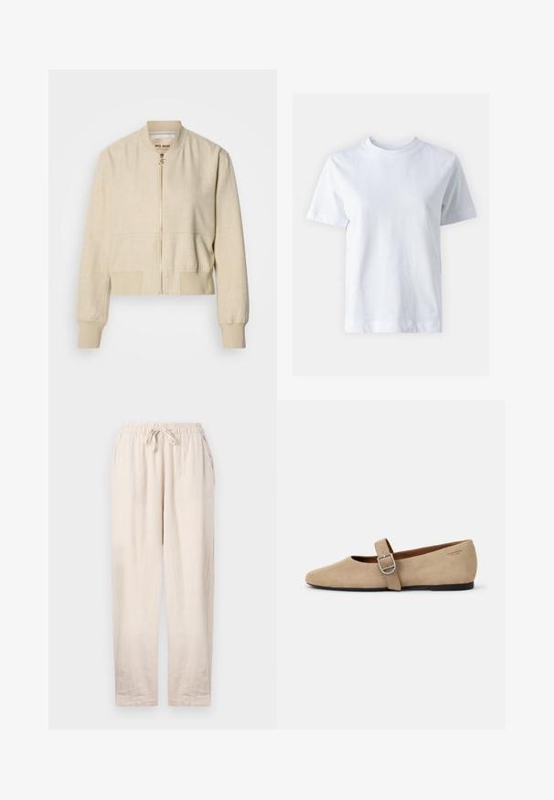 Veste bomber courte beige en tissu léger, avec fermeture éclair frontale, poignets côtelés et texture lisse.; T-shirt en coton blanc avec un col rond, manches courtes, coupe droite et texture lisse. Sans motifs ni embellissements.; Pantalons en lin beige avec une taille élastique et un cordon de serrage. Comprend deux poches latérales et une coupe décontractée avec des jambes droites.; Ballerines en daim beige de style Mary Jane avec un bout pointu et une seule sangle réglable dotée d'une boucle en métal argenté. Semelle plate noire.