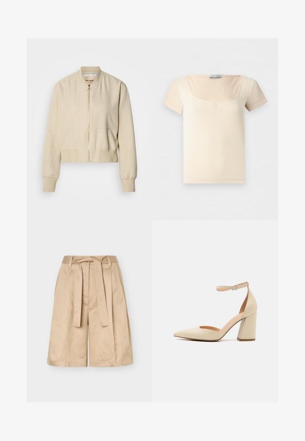 Beige cropped bomberjakke lavet af letvægtsstof, med en frontlynlås, ribstrikkede ærmegab og en glat tekstur.; Kortærmet beige ribstrikket top med firkantet halsudskæring og lille V-udskæring foran fra Anna Field.; Beige højtaljede shorts med bæltestropper, stofbælte og vide ben, vist mod en ensfarvet baggrund.; Beige patentlæder højhælede pumps med spids tå, ankelrem og kraftig hæl. Glat tekstur med minimale syninger.