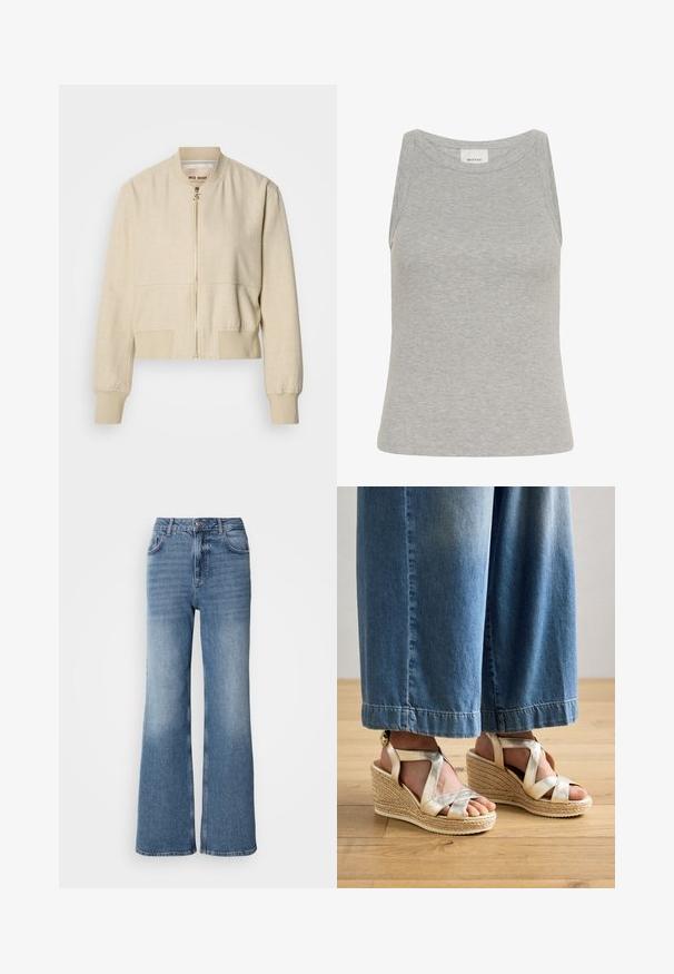 Beige cropped bomberjack gemaakt van lichtgewicht stof, met een ritssluiting aan de voorkant, geribbelde manchetten en een gladde textuur.; Grijze geribbelde tanktop met een ronde halslijn en mouwloos ontwerp. Gemaakt van zachte stof, met een aansluitende pasvorm en minimale naden.; Mos Mosh MAI - Straight leg jeans - blue wash; Gouden gekruiste wedge sandalen met een geweven jute basis. Kenmerkt brede kruisbanden en een ronde neusdesign. Draag ze met lichtblauwe wijde spijkerbroeken.