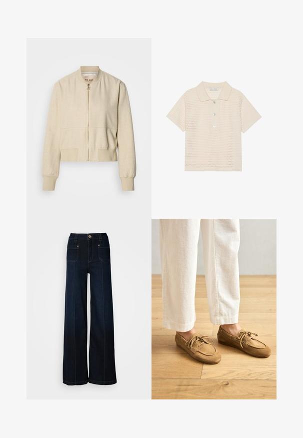Beige cropped bomberjakke lavet af letvægtsstof, med en frontlynlås, ribstrikkede ærmegab og en glat tekstur.; Cremefarvet polo t-shirt med perforeret design, korte ærmer og foldet krave. Har tre knaps lukning foran med klare knapper.; Bredde ben denimjeans i mørkeblå. Har forlommer, guldfarvet hardware og kontrasterende syninger. Glat tekstur med et afslappet design.; Brune ruskinds bådsko med snørebånd, der har en rund tå og syede detaljer. Båret med hvide kordfløjl-bukser i en træagtig indstilling.