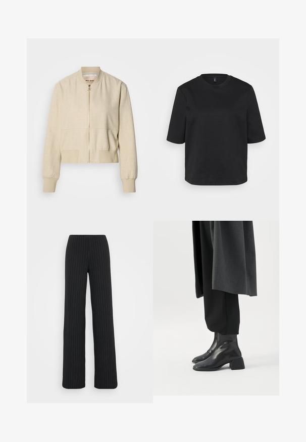 Beige cropped bomberjack gemaakt van lichtgewicht stof, met een ritssluiting aan de voorkant, geribbelde manchetten en een gladde textuur.; Zwarte ronde hals t-shirt gemaakt van katoen, met korte mouwen en een relaxte pasvorm. Eenvoudige textuur zonder zichtbare patronen of accenten.; Vero Moda Tall VMBERLIN MY WIDE - Broek - obsidian/oatmeal; Zwarte leren enkellaarzen met lage blokhakken gedragen met een zwarte broek en een donkergrijze lange jas.