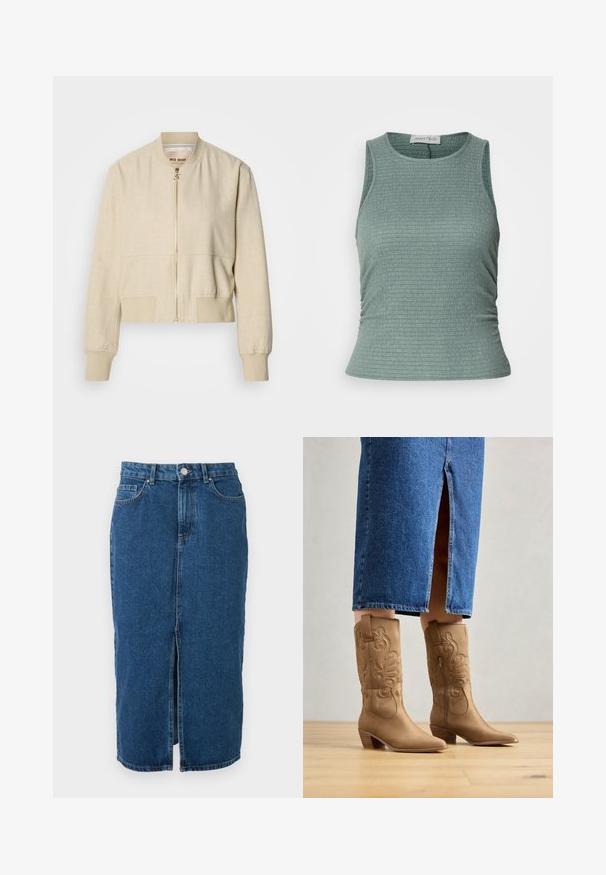 Beige verkürzte Bomberjacke aus leichtem Stoff, mit einem Frontreißverschluss, gerippten Bündchen und einer glatten Textur.; Hellgrünes ärmelloses Top mit einem strukturierten Rippendesign und einer figurbetonten Passform. Es hat einen runden Halsausschnitt und dezente Falten an den Seiten.; Midilanger blauer Denimrock mit mittigem Frontschlitz, Gürtelschlaufen, Vordertaschen und Knopfverschluss in der Taille.; Braune westernstil Stiefel mit dekorativer Stickerei, spitzer Zehenform und gestapeltem Absatz. Getragen mit einem knielangen Jeansrock, der die Stiefel zur Geltung bringt.