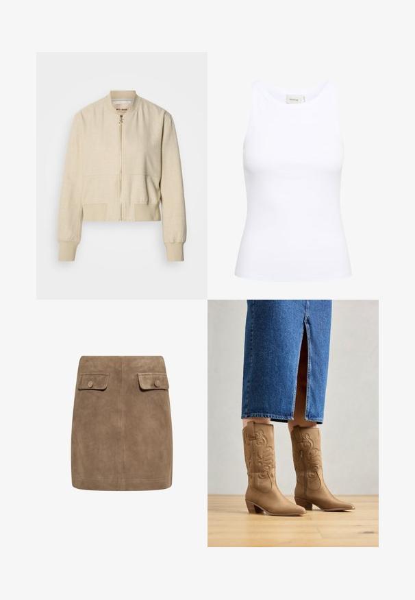Veste bomber courte beige en tissu léger, avec fermeture éclair frontale, poignets côtelés et texture lisse.; Débardeur blanc côtelé avec un col rond et sans manches. Tissu extensible et design ajusté. Étiquette au dos indiquant "GESTUZ."; Mini jupe en daim marron avec une texture lisse, dotée de deux poches à rabat à l'avant et de fermetures à bouton de chaque côté. Design simple et droit.; Bottes western en cuir marron avec des coutures décoratives, bout pointu et talon empilé. Portées avec une jupe en denim longue jusqu'au genou, mettant en valeur les bottes.