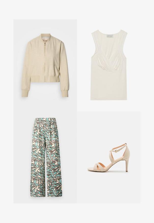 Beige cropped bomberjack gemaakt van lichtgewicht stof, met een ritssluiting aan de voorkant, geribbelde manchetten en een gladde textuur.; Crème-kleurige mouwloze top met een V-hals en geplooide details aan de zijkanten, gemaakt van zachte, rekbare stof. Het label zegt "ANNA FIELD."; Wijde broekspijpen van lichtgewicht stof met een crèmekleurige achtergrond en abstracte patronen in teal en bruin. Platte tailleband zonder zichtbare hardware.; Beige leren hoge hak sandaal met een open teen, crisscross band ontwerp en enkelband met een gouden gesp.