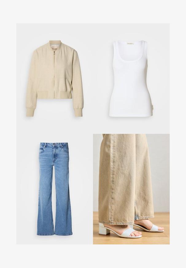 Veste bomber courte beige en tissu léger, avec fermeture éclair frontale, poignets côtelés et texture lisse.; Débardeur blanc côtelé avec un col rond dégagé et des bretelles larges. Présente une étiquette logo sur l'ourlet latéral. Confectionné en tissu doux et extensible.; Jean large de couleur bleu clair en denim. Doté d'un design classique à cinq poches et d'une braguette à boutons apparents. Texture douce et finition unie.; Sandales à talons carrés bleu clair avec deux larges lanières. Portées avec un pantalon large beige, mettant en valeur le design de la chaussure contre la texture du tissu.