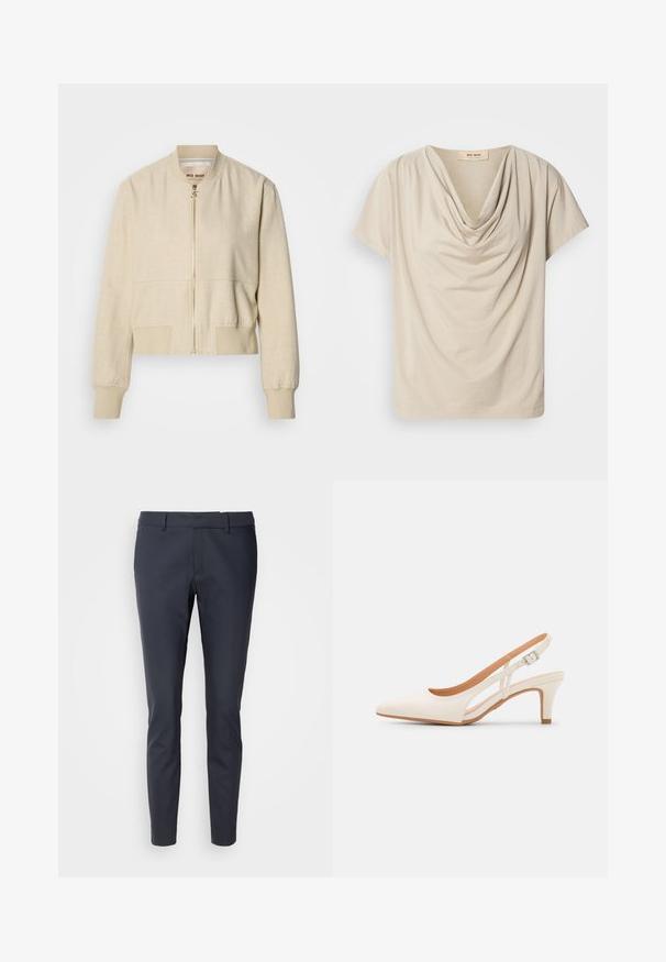 Beige cropped bomberjakke lavet af letvægtsstof, med en frontlynlås, ribstrikkede ærmegab og en glat tekstur.; Beige kortærmet top med en draperet cowl-hals. Blødt, let materiale med en glat tekstur og en afslappet pasform. Etiket synlig ved halsudskæringen.; Skræddersyede navy bukser lavet af glat stof. Har en slim fit, standard talje og frontlommer. Minimalistisk design uden dekorationer.; Hvide slingback hæle med spids tå, glat overmateriale, lav blokhæl og sideudskæringsdesign med justerbar spænderem.