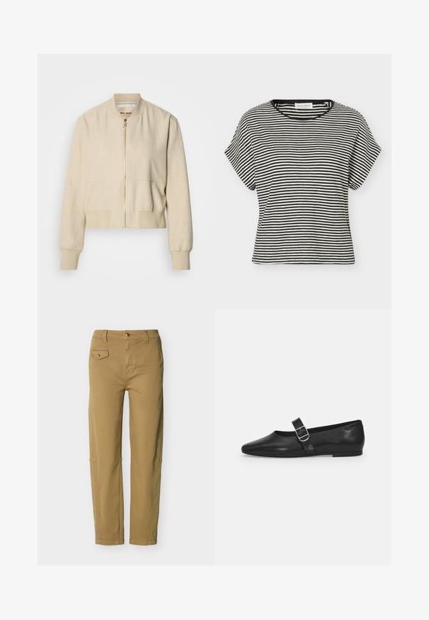 Veste bomber courte beige en tissu léger, avec fermeture éclair frontale, poignets côtelés et texture lisse.; T-shirt à manches courtes à rayures horizontales noires et blanches, col rond et coupe décontractée.; Pantalon droit couleur kaki avec fermeture à bouton et fermeture éclair, passants pour ceinture et petite poche à rabat avec bouton sur le côté avant gauche.; Chaussure plate en cuir noir avec un bout arrondi, une seule sangle réglable à boucle et une texture lisse et brillante. Design minimaliste avec un petit talon.