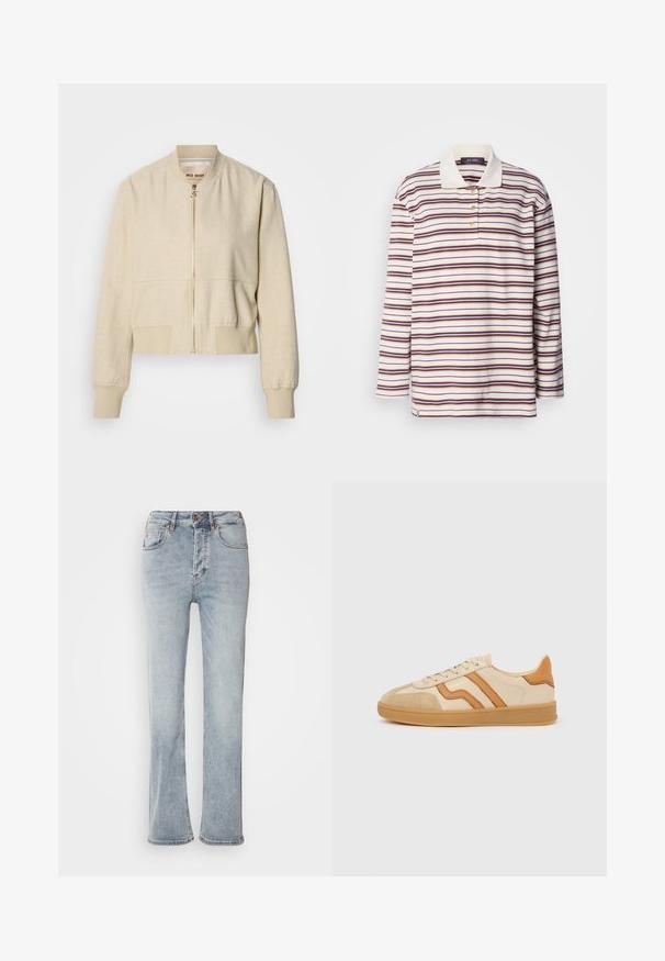 Beige cropped bomberjakke lavet af letvægtsstof, med en frontlynlås, ribstrikkede ærmegab og en glat tekstur.; Mos Mosh STRIPE - Poloshirts - brunnera/blue; Lysblå denimjeans med høj talje, lige ben-design og en let udskæring ved kanten. Har syninger som accent og en lynlås foran.; Beige sneakers med lysebrun ruskindstydel, brune læderstriber, gummisål og snøredesign, sidevisning på hvid baggrund.