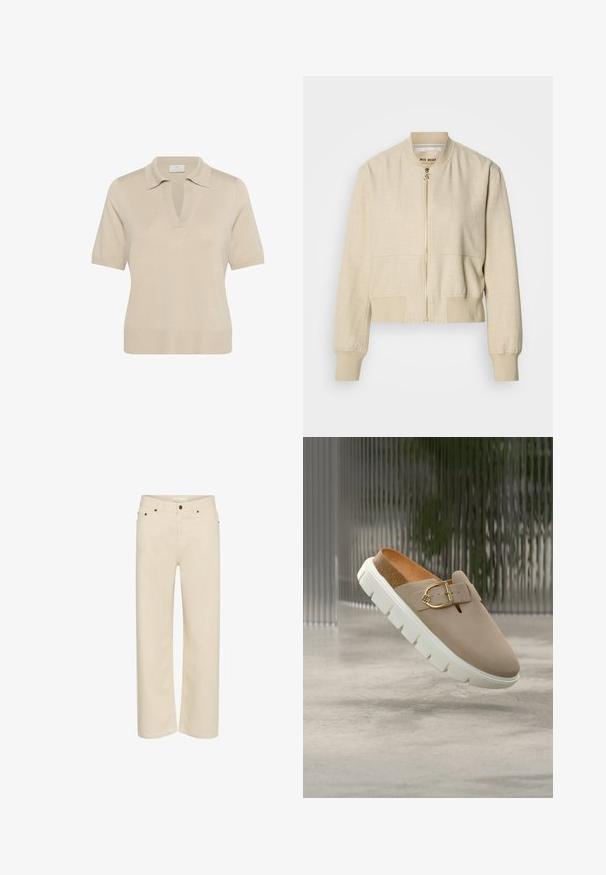 Veste bomber courte beige en tissu léger, avec fermeture éclair frontale, poignets côtelés et texture lisse.; Polo en maille beige avec un col en V et des manches courtes. Doté d'un col et d'un ourlet côtelé, fabriqué à partir d'un tissu doux et texturé.; Pantalon beige à jambes droites avec fermeture à boutons et zip à l'avant, passants pour ceinture et design à cinq poches.; Mule beige à enfiler avec semelle blanche épaisse, semelle intérieure en liège et boucle dorée décorative sur un fond neutre flou.