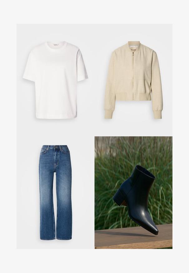 Veste bomber courte beige en tissu léger, avec fermeture éclair frontale, poignets côtelés et texture lisse.; T-shirt en coton blanc avec des manches courtes, un col rond, une coupe décontractée et une texture lisse ; sans motifs ni éléments matériels visibles.; Jeans en denim bleu à taille haute et jambes larges avec un lavage dégradé, des coutures cuivrées, une fermeture à bouton à l'avant et cinq poches.; Bottine noire en cuir avec un bout pointu et un talon bloc reposant sur une surface en bois, avec une herbe verte haute en arrière-plan.
