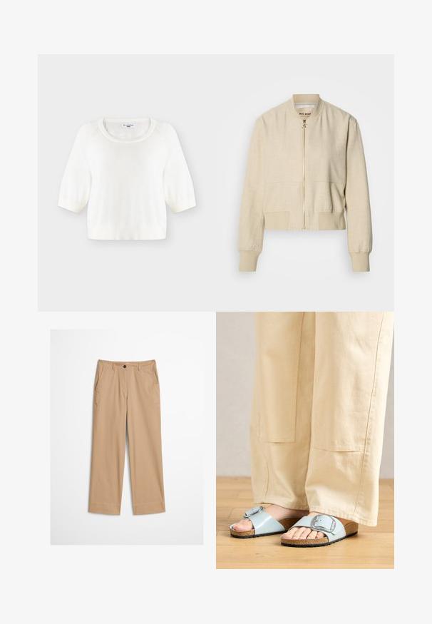 Veste bomber courte beige en tissu léger, avec fermeture éclair frontale, poignets côtelés et texture lisse.; Pull en maille blanc à manches courtes avec encolure ronde et poignets côtelés, présenté à plat sur un fond clair.; Pantalon beige en coton avec jambes droites, fermeture à bouton sur le devant et texture lisse. Comprend des passants de ceinture standard et un design à l'avant plat.; Sandales en plastique bleu clair avec une large lanière et une boucle en argent, dotées d'une semelle en liège texturée et d'une semelle extérieure en caoutchouc noir.