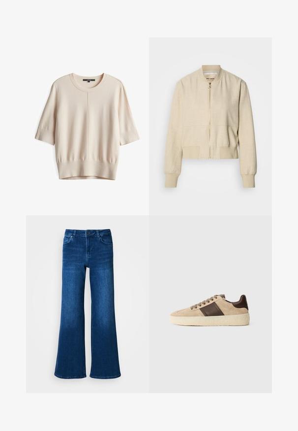Beige cropped bomberjack gemaakt van lichtgewicht stof, met een ritssluiting aan de voorkant, geribbelde manchetten en een gladde textuur.; Lichtbeige korte mouwen sweater met een ronde hals, ribgebreide manchetten en tailleband; heeft een gladde, gestructureerde brei en centrale naaddetails.; Blauwe denim wijde broek met hoge taille, heeft vijf zakken, knoop- en ritsluiting, en een gladde, gelijkmatige textuur.; Beige suède sneakers met donkerbruin leren accenten, platte veters en een gestructureerde crèmekleurige zool. Een zijstreepdetail voegt een ontwerpelement toe.