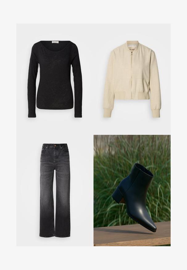 Veste bomber courte beige en tissu léger, avec fermeture éclair frontale, poignets côtelés et texture lisse.; Haut noir à manches longues en tissu léger et texturé. Présente une encolure dégagée et une silhouette ajustée avec un minimum de détails.; Jeans en denim noir évasés à taille haute, cinq poches, fermeture à bouton et texture légèrement décolorée. Tissu épais avec une coupe structurée.; Bottine noire en cuir avec talon bloc, bout pointu, présentée au-dessus d'une surface en bois avec un fond flou d'herbe verte.