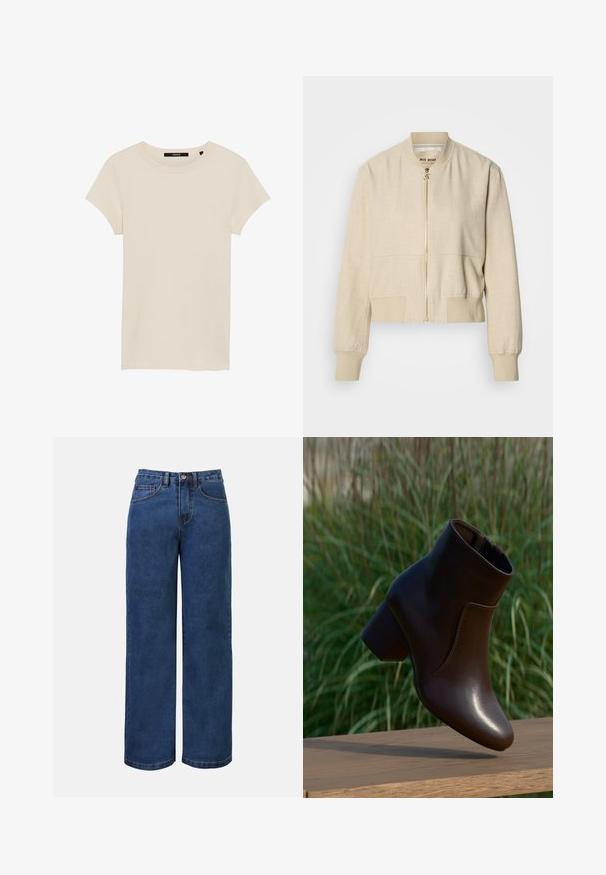 Beige cropped bomberjack gemaakt van lichtgewicht stof, met een ritssluiting aan de voorkant, geribbelde manchetten en een gladde textuur.; Korte mouwen, ivoorkleurig ribbel t-shirt. Ronde hals, zachte textuur, getailleerd ontwerp, en een subtiel merkje bij de halslijn.; Donkerblauwe denim wijde jeans met hoge taille, voorzien van een knoopsluiting, riemlussen en voor- en achterzakken. Glad textuur.; Donkerbruine leren enkellaars met blokhak zwevend boven een houten oppervlak, met een groene wazige grasachtergrond.