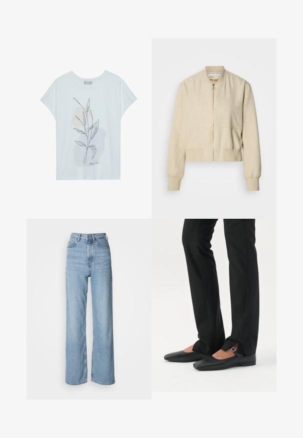 Beige cropped bomberjack gemaakt van lichtgewicht stof, met een ritssluiting aan de voorkant, geribbelde manchetten en een gladde textuur.; Witte T-shirt met korte mouwen, voorzien van een bladomrissingsontwerp in zwart en zachte beige abstracte vormen. Onder aan staat de tekst "Plant love".; Lichtblauwe high-waisted jeans met een rechte pijp, gemaakt van denim, met een sluiting aan de voorkant met knopen en subtiele vervagingdetails.; Benen met zwarte smalle broek met voorsplitten aan de zoom, gecombineerd met zwarte platte Mary Jane-schoenen met een klein gespje.