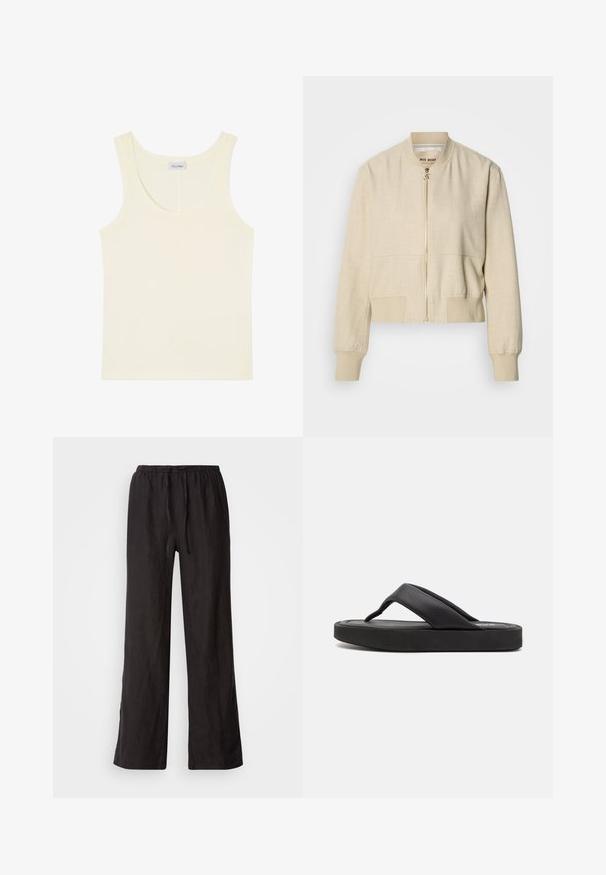 Cazadora bomber beige recortada hecha de tela ligera, con cremallera frontal, puños acanalados y textura suave.; Camiseta sin mangas color crema con escote redondo y una pequeña etiqueta de la marca en la parte interior trasera.; Pantalones negros, holgados, con cintura elástica y cordón ajustable. Están hechos de una tela ligera con una textura suave y pierna recta.; Chancla negra con una correa ancha en el dedo del pie y una parte superior de material sintético suave. Presenta una suela de goma gruesa con una plantilla texturizada para mayor agarre.