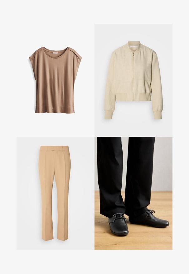 Beige cropped bomberjack gemaakt van lichtgewicht stof, met een ritssluiting aan de voorkant, geribbelde manchetten en een gladde textuur.; Bruine top met korte mouwen en een zachte, gladde textuur. Heeft een ronde halslijn en subtiele schoudernaaddetails.; Beige op maat gemaakte broek met rechtlopen, voorzien van twee plooien aan de voorkant, een platte voorkant en een gladde, lichte stof.; Persoon in zwarte dresschoenen en zwarte broek staat op licht houten vloeren tegen een effen achtergrond.